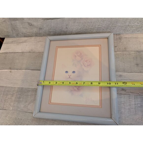 Framed Cat & Roses Print By Harrison With Light Blue Frame 11" X 9" Pastel Tones - Picture 6 of 6